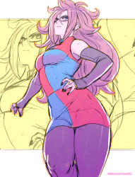 Rule 34 | 1girl, android 21, arm warmers, bare shoulders, big hair, black nails, black pantyhose, blue eyes, blush, breasts, curly hair, curvy, dragon ball, dragon ball fighterz, dress, earrings, female focus, glasses, hand on own hip, hoop earrings, jewelry, lon, long hair, multicolored clothes, multicolored dress, nail polish, pantyhose, pink lips, purple hair, rejean dubois, ring, sketch, sleeveless, sleeveless dress, solo, thick thighs, thighs, twitter username
