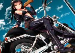 Rule 34 | 1girl, ano hito, bare shoulders, belt, bikini, black footwear, black hair, boots, brown eyes, brown hair, cloud, collarbone, day, gun, motor vehicle, motorcycle, navel, o-ring, o-ring top, original, photo background, pouch, rifle, sitting, skin tight, sky, smile, solo, swimsuit, unzipped, weapon