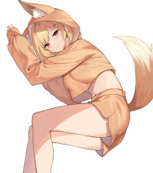 Rule 34 | 1girl, absurdres, animal ears, animal hood, arms up, bare legs, blonde hair, crop top, crop top overhang, fake animal ears, fake tail, feet out of frame, fox ears, fox tail, highres, hood, hoodie, jingburger, long sleeves, looking at viewer, midriff, navel, red eyes, short hair, short shorts, shorts, simple background, solo, stomach, tail, thighs, virtual youtuber, waktaverse, white background, yellow hoodie, yellow shorts, ziro (zirorong)
