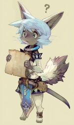 Rule 34 | 1other, ?, absurdres, androgynous, animal ears, animal hands, animal nose, anklet, armor, black eyes, blue hair, body fur, breastplate, cat, confused, crop top, digitigrade, furry, furry female, grey fur, highres, holding, holding paper, jewelry, large ears, light blue hair, messy hair, midriff, multicolored fur, murayama ryota, navel, neck ring, original, paper, pelvic curtain, scabbard, sheath, sheathed, short hair, short sleeves, shorts, simple background, solo focus, source request, spiked hair, sword, weapon, werewolf, whiskers, white fur