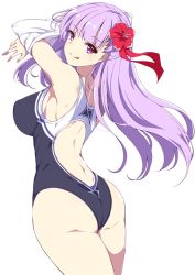 Rule 34 | 10s, 1girl, :d, ;q, ass, bare shoulders, bb (fate), bb (fate/extra), blue one-piece swimsuit, breasts, clothes lift, commentary request, competition swimsuit, covered erect nipples, cowboy shot, fate/extra, fate/extra ccc, fate/grand order, fate (series), from behind, hair ribbon, highleg, highleg swimsuit, legs together, long hair, looking at viewer, looking back, medium breasts, mutou kurihito, one-piece swimsuit, one eye closed, open mouth, purple eyes, purple hair, red ribbon, ribbon, shirt, shirt lift, simple background, smile, solo, standing, swimsuit, tongue, tongue out, undressing, white background, white shirt