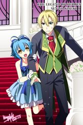 Rule 34 | 1boy, 1girl, :d, age difference, ahoge, alternate costume, aqua dress, artist name, ballroom, bare shoulders, blonde hair, blue eyes, blue hair, copyright name, dated, dress, eiyuu densetsu, evening gown, falcom, flat chest, flower, gloves, hair ribbon, height difference, jusis albarea, looking at another, millium orion, morisaki kurumi, necktie, open mouth, ribbon, sen no kiseki, sen no kiseki ii, short hair, sleeveless, sleeveless dress, smile, sparkle, stairs, window, yellow eyes