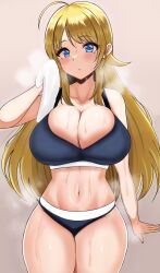 Rule 34 | 1girl, absurdres, ahoge, bare shoulders, blonde hair, blue eyes, blush, breasts, check commentary, cleavage, collarbone, commentary request, cowboy shot, gradient background, hachimiya meguru, hair flaps, highres, huge breasts, idolmaster, idolmaster shiny colors, long hair, looking at viewer, momiji (user hchf8543), navel, panties, parted lips, simple background, skindentation, solo, sports bra, sportswear, steaming body, swept bangs, thick thighs, thighs, towel, underwear, very long hair