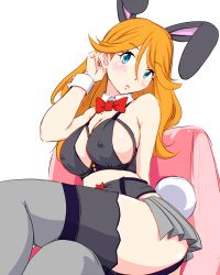 Rule 34 | 1girl, animal ears, black bra, black panties, blue eyes, bow, bow panties, bowtie, bra, breasts, chair, clothing cutout, collar, commentary, covered erect nipples, crossed legs, detached collar, fake animal ears, fake tail, grey skirt, grey thighhighs, hand in own hair, head tilt, kunney, large breasts, leotard, lingerie, long hair, looking at viewer, microskirt, on chair, orange hair, original, panties, parted lips, playboy bunny, rabbit ears, rabbit tail, red bow, red bowtie, side cutout, simple background, sitting, skirt, solo, tail, thighhighs, underwear, white background, white collar, wing collar, wrist cuffs