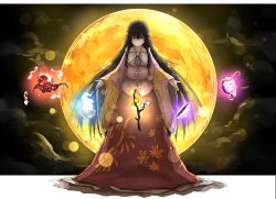 Rule 34 | &gt;:), 1girl, backlighting, bad id, bad nicoseiga id, black eyes, black hair, blouse, bow, bowtie, branch, closed mouth, full body, full moon, highres, hime cut, houraisan kaguya, jeweled branch of hourai, kankan33333, long hair, long skirt, long sleeves, looking at viewer, moon, night, pink shirt, red skirt, shaded face, shirt, sidelocks, skirt, smile, solo, standing, touhou, tsurime, v-shaped eyebrows, very long hair, white bow, white bowtie, wide sleeves