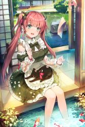 Rule 34 | 1girl, :d, animal, apron, black bow, black cat, black dress, blue eyes, blush, bosack, bow, breasts, cat, collared shirt, day, detached sleeves, dress, fish, flower, frilled apron, frills, hair bow, juliet sleeves, long hair, long sleeves, looking at viewer, open mouth, original, pink flower, pink hair, puffy sleeves, see-through, see-through sleeves, shirt, small breasts, smile, soaking feet, solo, striped, striped bow, twintails, very long hair, water, white apron, white shirt, wind chime