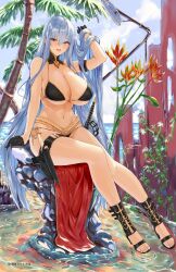 Rule 34 | bikini, black bikini, black gloves, blue hair, breasts, commentary request, detached collar, gloves, hand in own hair, highres, holster, large breasts, light blue hair, long hair, palm tree, red eyes, selvaria bles, senjou no valkyria, senjou no valkyria (series), senjou no valkyria 1, shower head, sitting, swimsuit, thigh holster, thigh strap, toyoman, tree