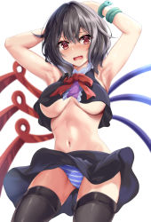 Rule 34 | 1girl, armpits, arms up, asymmetrical wings, black hair, black skirt, black thighhighs, bow, bowtie, breasts, commentary request, hair between eyes, houjuu nue, kaeranu kaeru, large breasts, looking at viewer, midriff, navel, no bra, panties, red bow, red bowtie, red eyes, short hair, simple background, skirt, sleeveless, solo, stomach, striped clothes, striped panties, tears, thighhighs, thighs, touhou, underboob, underwear, white background, wings