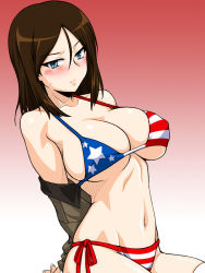 Rule 34 | 1girl, american flag bikini, american flag print, bikini, black hair, blue eyes, blush, breasts, cleavage, closed mouth, flag print, frown, girls und panzer, gradient background, groin, half-closed eyes, highres, jacket, large breasts, long hair, looking at viewer, navel, nonna (girls und panzer), off shoulder, oosaka kanagawa, open clothes, open jacket, print bikini, red background, side-tie bikini bottom, sitting, skindentation, solo, string bikini, swept bangs, swimsuit, thighhighs