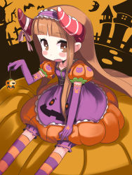 Rule 34 | 10s, 1girl, brown eyes, brown hair, color 73, elbow gloves, fang, gloves, hairband, halloween, horns, ichihara nina, idolmaster, idolmaster cinderella girls, jack-o&#039;-lantern, long hair, looking at viewer, looking up, open mouth, pumpkin, sitting, smile, solo, striped clothes, striped thighhighs, thighhighs