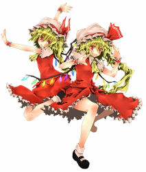 Rule 34 | 2girls, ascot, blonde hair, blush, clone, dress, female focus, flandre scarlet, hat, koge-owl, long hair, mary janes, multiple girls, outstretched arms, red eyes, shoes, side ponytail, touhou, very long hair, wrist cuffs