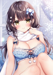Rule 34 | 1girl, black hair, blue bra, blurry, blush, bow, bra, breasts, brown eyes, cleavage, closed mouth, commentary request, depth of field, flower, frilled bra, frills, hair flower, hair ornament, hand up, knees up, lace, lace-trimmed bra, lace trim, long hair, looking at viewer, medium breasts, mitsuba choco, original, scarf, sitting, smile, snowflakes, solo, striped, striped bow, underwear, very long hair, white flower, white scarf