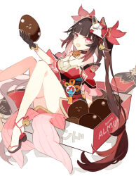 Rule 34 | 1girl, bare shoulders, bell, black choker, black hair, box, butterfly-shaped pupils, choker, cyenmi3, dress, flower tattoo, food, fox mask, gloves, halterneck, highres, holding, holding food, honkai: star rail, honkai (series), long hair, looking at viewer, mask, mask on head, neck bell, open mouth, pink eyes, red dress, red sleeves, simple background, smile, sparkle (honkai: star rail), symbol-shaped pupils, tattoo, twintails, white background