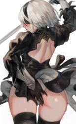 Rule 34 | 1girl, aoin, ass, back, blindfold, blush, covering privates, covering ass, cowboy shot, embarrassed, from behind, gloves, highres, mole, mole under mouth, nier (series), nier:automata, panties, short hair, skirt, solo, sword, thighhighs, two-sided fabric, two-sided skirt, underwear, weapon, white hair, 2b (nier:automata)