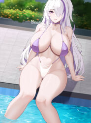 Rule 34 | 1girl, absurdres, areola slip, arm support, artist name, azur lane, breasts, collarbone, feet out of frame, hair over one eye, highres, large breasts, long hair, looking at viewer, multicolored hair, navel, official alternate costume, one-piece swimsuit, parted lips, pixiv username, pool, poolside, purple eyes, sitting, smiling embassies, solo, streaked hair, swimsuit, two-tone swimsuit, unzen (azur lane), unzen (sojourn through clear seas) (azur lane), very long hair, white hair