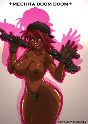 Rule 34 | 1girl, absurdres, backwards hat, bandaid, bandaid on face, bandaid on nose, breasts, cabbie hat, camouflage, camouflage panties, character name, cowboy shot, curvy, dark-skinned female, dark nipples, dark skin, gloves, hat, highleg, highleg panties, highres, large breasts, mechanic, mechita boom boom, narrow waist, nipples, orange eyes, original, oversized object, panties, red hair, rhemora, shiny skin, short hair, solo, thick thighs, thighs, toned, tools, topless, underwear, waving, wrench, zoom layer