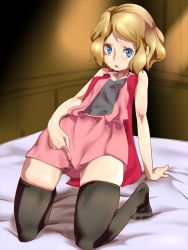 Rule 34 | 1girl, arm support, bad id, bad pixiv id, bare shoulders, black thighhighs, blonde hair, blue eyes, blush, brown hair, censored, creatures (company), dress, female focus, game freak, kneeling, leaning back, looking at viewer, mosaic censoring, nintendo, no panties, open mouth, parted lips, pokemon, pokemon (anime), pokemon xy (anime), pussy, pussy peek, serena (pokemon), short hair, skirt, sleeveless, solo, thighhighs, zaitsu