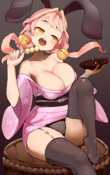 Rule 34 | 1girl, :d, animal ears, bare shoulders, bell, black panties, breasts, brown background, cleavage, cup, dango, food, gradient background, grey thighhighs, hair bell, hair intakes, hair ornament, hand up, head tilt, holding, holding food, japanese clothes, jingle bell, kimono, knee up, large breasts, nijitama shiyushiyu, no shoes, open mouth, original, panties, pink hair, pink kimono, rabbit ears, round teeth, sakazuki, short kimono, sitting, smile, solo, teeth, thighhighs, twintails, underwear, upper teeth only, wagashi, yellow eyes