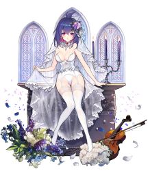 Rule 34 | 1girl, bare arms, bare shoulders, blush, bouquet, breasts, bridal veil, bustier, candle, candlestand, choker, cleavage, earrings, flower, frills, full body, gluteal fold, hair between eyes, hair flower, hair ornament, holding, houchi shoujo, instrument, jewelry, kakou ha (houchi shoujo), kyundoo, leaf, looking at viewer, medium breasts, multicolored hair, parted lips, petals, pink hair, purple flower, purple hair, see-through, short hair, sitting, solo, strapless, thigh gap, thighhighs, two-tone hair, underwear, underwear only, veil, viola (instrument), waist cape, white choker, white thighhighs, window
