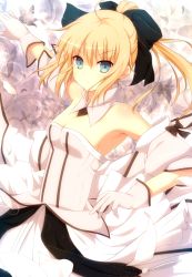 Rule 34 | 1girl, ahoge, arm up, artoria pendragon (fate), bad id, bad pixiv id, bare shoulders, blonde hair, bow, breasts, capcom, cleavage, detached sleeves, dress, fate/stay night, fate/unlimited codes, fate (series), gingami, gloves, green eyes, petals, ponytail, saber (fate), saber lily, samegami, short hair, small breasts, solo