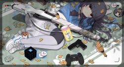 Rule 34 | 1girl, bird, black gloves, black hair, blue archive, blue shirt, bolt action, closed mouth, full moon, gloves, gun, handgun, headband, highres, knee pads, leaf, long sleeves, looking at viewer, lying, miyu (blue archive), moon, mosin-nagant, on side, pantyhose, pink hair, playstation controller, rifle, school uniform, shirt, shoes, single knee pad, skirt, sneakers, solo, viewfinder, weapon, white footwear, white pantyhose, white skirt, wulala