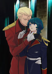 Rule 34 | 2boys, absurdres, alternate universe, artist request, bad id, bad pixiv id, blonde hair, blue eyes, blue hair, char&#039;s counterattack, char aznable, closed eyes, gloves, gundam, hand on another&#039;s face, highres, kamille bidan, male focus, military, military uniform, multiple boys, short hair, uniform, white gloves