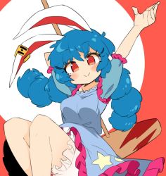 Rule 34 | 1girl, ambiguous red liquid, animal ears, bloomers, blue dress, blue hair, blush, blush stickers, closed mouth, crescent print, dress, earclip, feet out of frame, frilled dress, frilled sleeves, frills, hair between eyes, ini (inunabe00), kine, long hair, mallet, rabbit ears, red eyes, seiran (touhou), short sleeves, smile, solo, star (symbol), star print, touhou, underwear, white bloomers