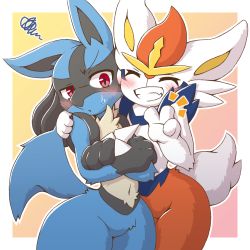Rule 34 | acky, blush, cinderace, clenched teeth, commentary, cowboy shot, creatures (company), crossed arms, closed eyes, furry, game freak, gen 4 pokemon, gen 8 pokemon, hand on another&#039;s shoulder, happy, highres, lucario, nintendo, outline, pokemon, pokemon (creature), red eyes, smile, squiggle, sweatdrop, teeth, v, yellow fur