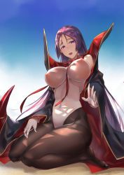 Rule 34 | 1girl, bb (fate), bb (fate) (all), bb (swimsuit mooncancer) (fate), bb (swimsuit mooncancer) (fate) (cosplay), bb (swimsuit mooncancer) (third ascension) (fate), black coat, blue sky, blush, breasts, coat, cosplay, covered erect nipples, covered navel, day, fate/grand order, fate (series), feet, gloves, highleg, highleg leotard, highres, hip focus, kakumayu, kneeling, large breasts, legs, leotard, long hair, looking at viewer, minamoto no raikou (fate), neck ribbon, open mouth, parted bangs, popped collar, purple eyes, purple hair, red ribbon, ribbon, sky, smile, solo, sunlight, thighs, vampire costume, very long hair, white gloves, white leotard, wide sleeves