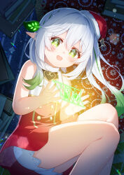 Rule 34 | 1girl, :d, adapted costume, alternate costume, ass, christmas, commentary request, dress, flower-shaped pupils, from below, fur-trimmed dress, fur trim, genshin impact, gradient hair, green eyes, hair between eyes, hair ornament, hat, highres, indoors, kana ami, leaf hair ornament, long hair, looking at viewer, looking down, multicolored hair, nahida (genshin impact), open mouth, pointy ears, rubber band, santa hat, side ponytail, sidelocks, sleeveless, smile, solo, streaked hair, symbol-shaped pupils, thighs, two-tone dress, two-tone hair, white hair