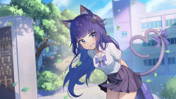 Rule 34 | 1girl, absurdres, animal ears, arm behind back, bag, black bow, blue bag, blue bow, blue bowtie, blue eyes, boulder, bow, bowtie, cat ears, cat girl, cat tail, collared shirt, falling leaves, fang, grey skirt, grin, hair bow, heart, heart tail, highres, hirotaka0125, holding, holding bag, indie virtual youtuber, leaf, leaning forward, long hair, pleated skirt, purple hair, school, school bag, school gateway, school uniform, shirt, skirt, smile, solo, tail, tail bow, tail ornament, virtual youtuber, white shirt, yuna saki