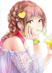 Rule 34 | 1girl, braid, braided ponytail, brown eyes, brown hair, commentary, cup, dress, drinking straw, earrings, fingernails, flower, food-themed hair ornament, hair flower, hair ornament, hand on own cheek, hand on own face, hand up, highres, holding, holding cup, jewelry, looking at viewer, mouth hold, multicolored nails, nail polish, off-shoulder dress, off shoulder, original, see-through, see-through dress, simple background, solo, symbol-only commentary, tokeshi, upper body, watch, white background, wristwatch