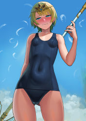 Rule 34 | 1girl, bare shoulders, blonde hair, blue eyes, blue sky, blue one-piece swimsuit, blush, breasts, cloud, covered navel, cowboy shot, crystal earrings, day, earrings, embarrassed, feathers, fire emblem, fire emblem heroes, fjorm (fire emblem), gluteal fold, jewelry, lasterk, looking away, nintendo, one-piece swimsuit, polearm, school swimsuit, short hair, sky, small breasts, solo, swimsuit, weapon
