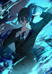 Rule 34 | 1boy, absurdres, arm up, black hair, black necktie, black suit, blood, blood on clothes, blood on face, blue blood, blue eyes, chainsaw man, closed mouth, expressionless, formal, fox devil (chainsaw man), fox shadow puppet, hair between eyes, hand up, hayakawa aki, highres, holding, holding sword, holding weapon, jacket, long sleeves, looking at viewer, male focus, necktie, shirt, short hair, solo, suit, suit jacket, sword, topknot, upper body, weapon, white shirt, yan ge