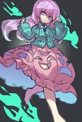 Rule 34 | 1girl, absurdres, barefoot, bow, bowtie, bubble skirt, expressionless, foot out of frame, full body, grey background, hata no kokoro, highres, long hair, long sleeves, looking at viewer, mask, mikomo0106, pink bow, pink eyes, pink hair, plaid, plaid shirt, shirt, simple background, skirt, solo, standing, touhou, very long hair