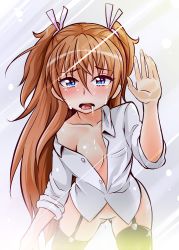Rule 34 | 10s, 1girl, blue eyes, blush, bottomless, breasts, brown hair, collarbone, garter straps, hair ribbon, houjou hibiki, kanichiri, long hair, looking at viewer, no bra, no panties, no pants, off shoulder, open mouth, precure, ribbon, saliva, small breasts, solo, suite precure, tears, thighhighs, tongue, tongue out, two side up