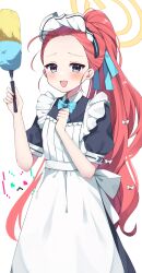Rule 34 | 1girl, absurdres, apron, black dress, black eyes, blue archive, blue bow, blue bowtie, blush, bow, bowtie, clenched hand, commentary request, dress, duster, forehead, frilled apron, frills, halo, highres, holding, holding duster, long dress, long hair, looking at viewer, maid, maid headdress, murase48, official alternate costume, open mouth, ponytail, red hair, smile, solo, traditional bowtie, very long hair, white apron, yuzu (blue archive), yuzu (maid) (blue archive)