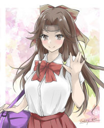Rule 34 | 1girl, alternate costume, bag, brown eyes, brown hair, collared shirt, commentary request, dress shirt, forehead protector, gakky, hair intakes, half updo, jintsuu (kancolle), kantai collection, long hair, looking at viewer, one-hour drawing challenge, red skirt, school bag, school uniform, shirt, skirt, solo, upper body, waving, white shirt