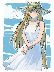 Rule 34 | 1girl, animal ears, artist name, bare shoulders, blonde hair, breasts, character request, cloud, collarbone, commentary request, copyright request, donki (yeah), dress, ears through headwear, extra ears, grey eyes, hand on own wrist, hat, highres, light blush, long hair, medium breasts, outdoors, sky, solo, straw hat, sundress, sweatdrop, tail, very long hair, white dress