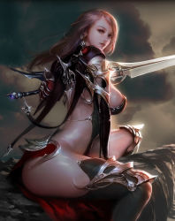 Rule 34 | 1girl, absurdres, armor, bikini armor, black gloves, black thighhighs, blonde hair, blue eyes, breasts, cloud, cloudy sky, commentary, cowboy shot, earrings, elbow gloves, eyelashes, from side, giantica, gloves, highres, holding, holding sword, holding weapon, jewelry, knee pads, large breasts, lee jung hun, loincloth, long hair, looking at viewer, nose, parted lips, pauldrons, pelvic curtain, realistic, revealing clothes, shoulder armor, shoulder pads, sitting, sky, solo, sword, thighhighs, weapon