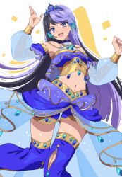 Rule 34 | 1girl, :d, arabian clothes, black hair, blue gemstone, blue shorts, blunt ends, carron (pretty series), commentary request, crop top, dancer, detached sleeves, dolldolldd, feet out of frame, gem, gold trim, hands up, highres, jewelry, korean commentary, long hair, looking at viewer, multicolored hair, navel, necklace, open mouth, pretty series, puffy detached sleeves, puffy sleeves, purple eyes, purple hair, see-through, see-through sleeves, shorts, smile, solo, standing, tiara, very long hair, waccha primagi!