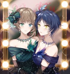 Rule 34 | 2girls, aqua bow, aqua dress, black gloves, blue bow, blue dress, blue eyes, blue feathers, blue hair, bow, dress, earrings, elbow gloves, feather hair ornament, feathers, gloves, green eyes, green feathers, grey hair, hair bow, hair ornament, hayami kanade, heterochromia, idolmaster, idolmaster cinderella girls, jewelry, lace, lace gloves, looking at viewer, mole, mole under eye, multiple girls, mysterious eyes (idolmaster), necklace, nennen, off-shoulder dress, off shoulder, parted lips, short hair, smile, sparkle, takagaki kaede, upper body, yellow theme