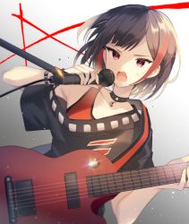 Rule 34 | 1girl, bad id, bad twitter id, bang dream!, bare shoulders, black hair, black jacket, bob cut, collar, collarbone, commentary request, electric guitar, guitar, holding, holding microphone, instrument, jacket, lock, looking at viewer, microphone, mitake ran, multicolored hair, off shoulder, open mouth, pink eyes, red hair, short hair, short sleeves, solo, streaked hair, v-shaped eyebrows, wristband, yuhi (hssh 6)