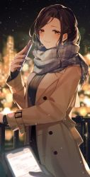 Rule 34 | 1girl, 1other, brown coat, coat, highres, holding, holding phone, long coat, mizuki fua, nijisanji, phone, scarf, shirayuki tomoe, smile, snowing, solo focus, virtual youtuber