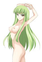Rule 34 | 00s, 1girl, armpits, arms up, breasts, c.c., code geass, completely nude, green hair, long hair, nipples, nude, smile, solo, syou (crecre), yellow eyes