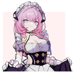 Rule 34 | 1girl, absurdres, apron, blue eyes, border, breasts, cleavage, closed mouth, elysia (honkai impact), elysia (miss pink elf) (honkai impact), error1980, frills, gloves, highres, holding, holding clothes, holding skirt, honkai (series), honkai impact 3rd, long hair, maid, maid apron, maid headdress, pink background, pink hair, pointy ears, short sleeves, simple background, skirt, smile, solo, white border, white gloves