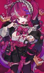Rule 34 | 1girl, bandaid, bandaid on hand, belt, black cat, black choker, black scarf, black skirt, black thighhighs, cat, choker, food, fruit, hairband, highres, lolita hairband, long hair, long sleeves, multicolored eyes, original, pink belt, pink eyes, pink hair, purple eyes, purple nails, red background, scarf, shirt, skirt, solo, strawberry, teeth, thighhighs, tira 27, tongue, tongue out, twintails, white hair, white shirt