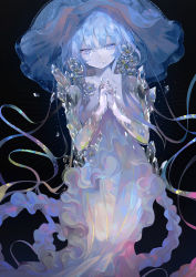 Rule 34 | 1girl, blue hair, blue theme, crying, crying with eyes open, dress, flower, frilled dress, frills, hyatsu, jellyfish, medium hair, multicolored clothes, multicolored dress, original, solo, tears, underwater, veil, water balloon