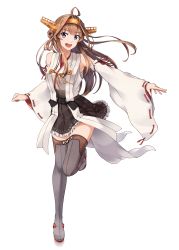 Rule 34 | 1girl, absurdres, ahoge, black skirt, boots, brown hair, commentary request, commission, cowboy shot, detached sleeves, double bun, grey eyes, hair bun, hairband, hakama, hakama short skirt, hakama skirt, headgear, highres, japanese clothes, kantai collection, kongou (kancolle), kongou kai ni (kancolle), long hair, nontraditional miko, rankebu, revision, ribbon-trimmed sleeves, ribbon trim, simple background, skirt, smile, solo, thigh boots, thighhighs, white background