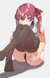 Rule 34 | 1girl, ass, feet, foot out of frame, hair ribbon, highres, hololive, houshou marine, looking at viewer, medium hair, no shoes, open mouth, panties, red hair, reulem, ribbon, simple background, sitting, solo, thighhighs, thighs, twintails, underwear, virtual youtuber, white background